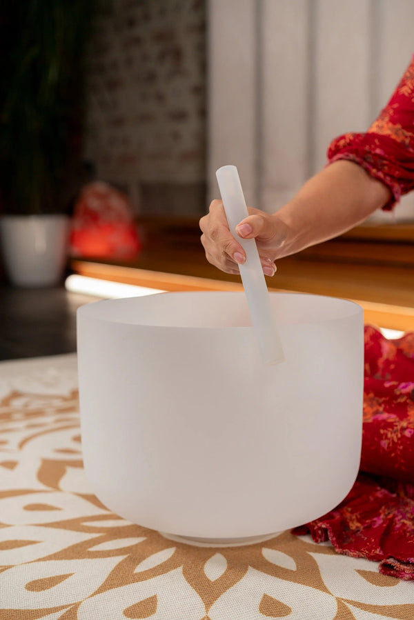 12" White-Frosted Crystal Singing Bowl, Note G3, Throat Chakra