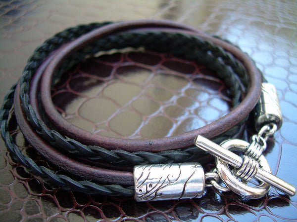 Leather Bracelet, Unisex, Double Strand Triple Wrap, Antique Brown and Black, Mens Bracelet, Mens Jewelry, Womens Bracelet