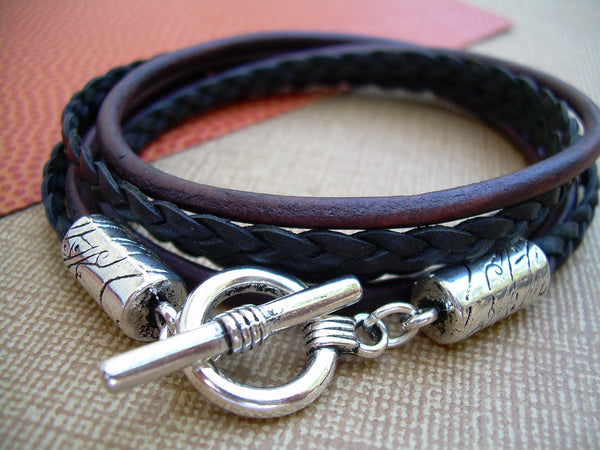 Leather Bracelet, Unisex, Double Strand Triple Wrap, Antique Brown and Black, Mens Bracelet, Mens Jewelry, Womens Bracelet