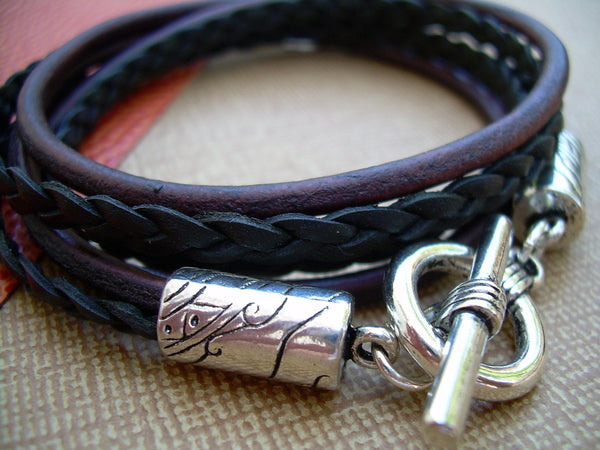Leather Bracelet, Unisex, Double Strand Triple Wrap, Antique Brown and Black, Mens Bracelet, Mens Jewelry, Womens Bracelet