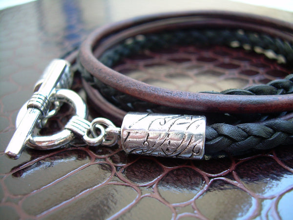 Leather Bracelet, Unisex, Double Strand Triple Wrap, Antique Brown and Black, Mens Bracelet, Mens Jewelry, Womens Bracelet