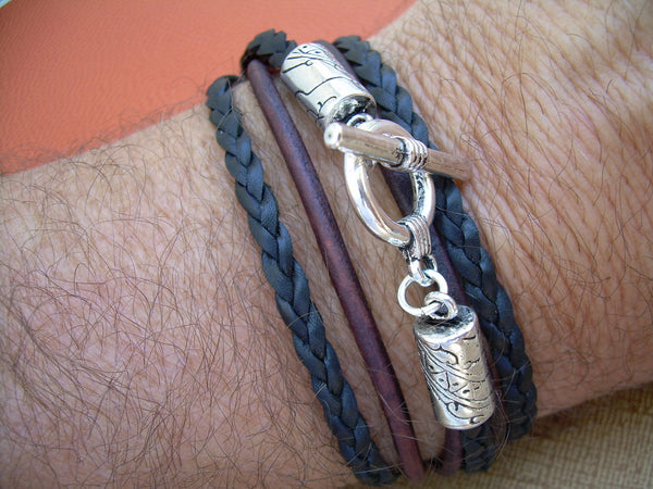 Leather Bracelet, Unisex, Double Strand Triple Wrap, Antique Brown and Black, Mens Bracelet, Mens Jewelry, Womens Bracelet