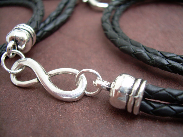 Black Braided Leather Wrap Infinity Bracelet with Nugget Lobster Clasp