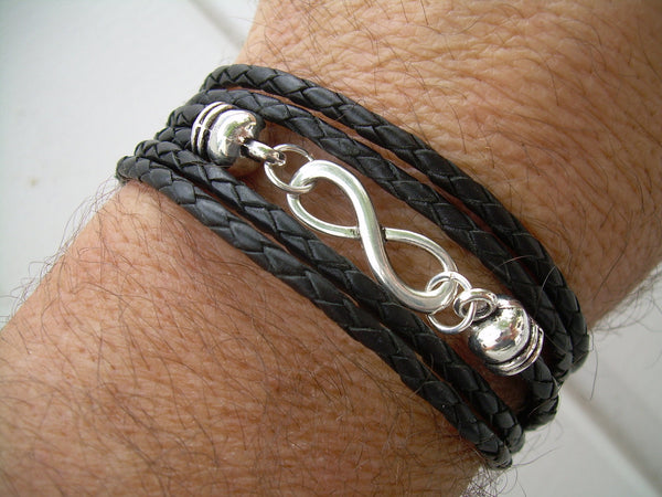 Black Braided Leather Wrap Infinity Bracelet with Nugget Lobster Clasp