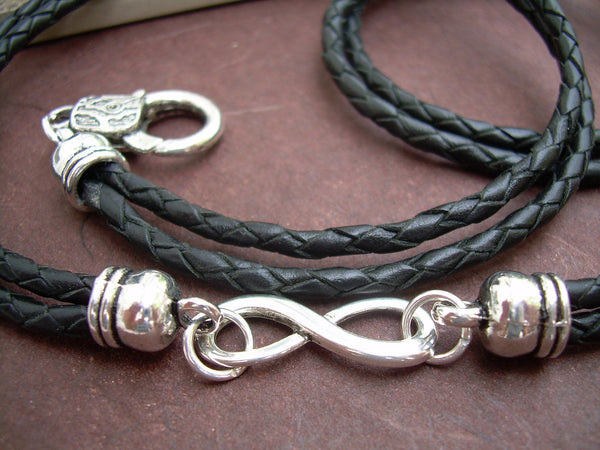 Black Braided Leather Wrap Infinity Bracelet with Nugget Lobster Clasp