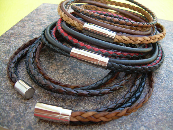 Mens Bracelets Leather, Mens Leather Bracelet, Double Wrap, Stainless Steel Magnetic Clasp, Mens Jewelry, Groom, Fathers Day, Groomsmen