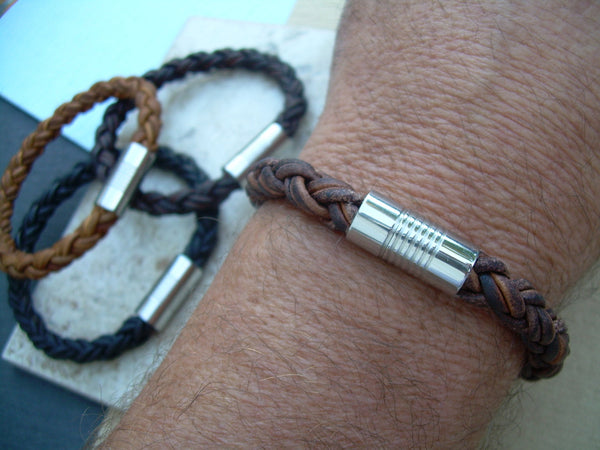 Mens Stainless Steel  Magnetic Clasp Thick Braided Leather Bracelet, Mens Jewelry, Leather Bracelet, Mens Bracelet, Groom, Fathers Day