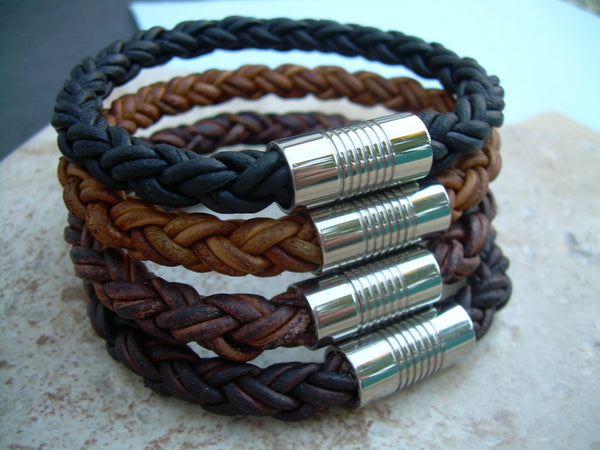 Mens Stainless Steel  Magnetic Clasp Thick Braided Leather Bracelet, Mens Jewelry, Leather Bracelet, Mens Bracelet, Groom, Fathers Day