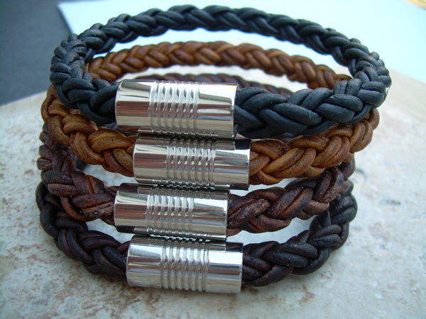 Mens Stainless Steel  Magnetic Clasp Thick Braided Leather Bracelet, Mens Jewelry, Leather Bracelet, Mens Bracelet, Groom, Fathers Day