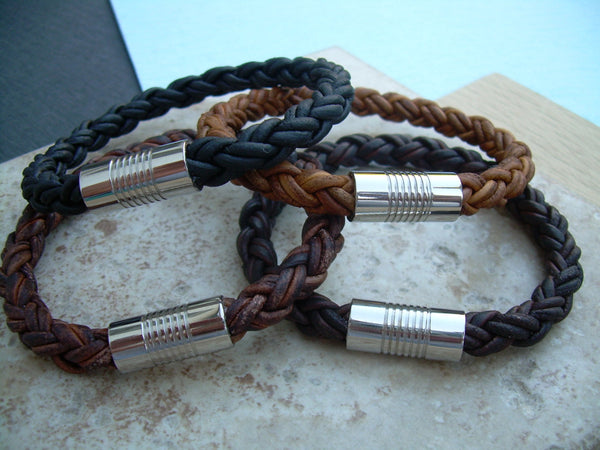 Mens Stainless Steel  Magnetic Clasp Thick Braided Leather Bracelet, Mens Jewelry, Leather Bracelet, Mens Bracelet