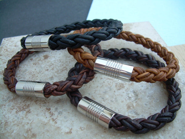 Mens Stainless Steel  Magnetic Clasp Thick Braided Leather Bracelet, Mens Jewelry, Leather Bracelet, Mens Bracelet, Groom, Fathers Day