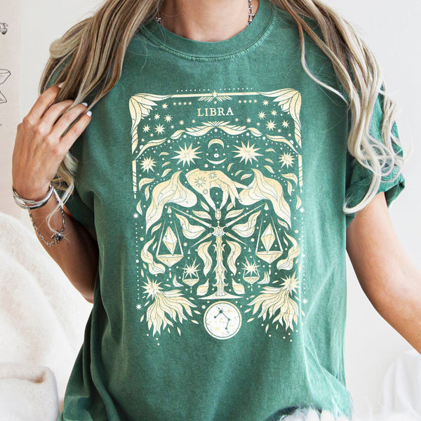 Libra Celestial Zodiac Horoscope Astrology Moon Phases Stars Constellation Comfort Colors Tee