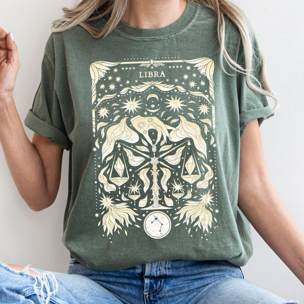 Libra Celestial Zodiac Horoscope Astrology Moon Phases Stars Constellation Comfort Colors Tee